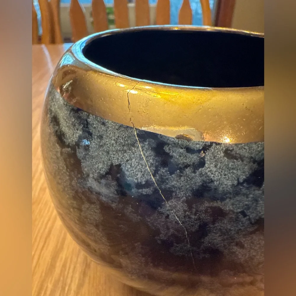 Vintage Glazed Ceramic Planter with Gold Rim